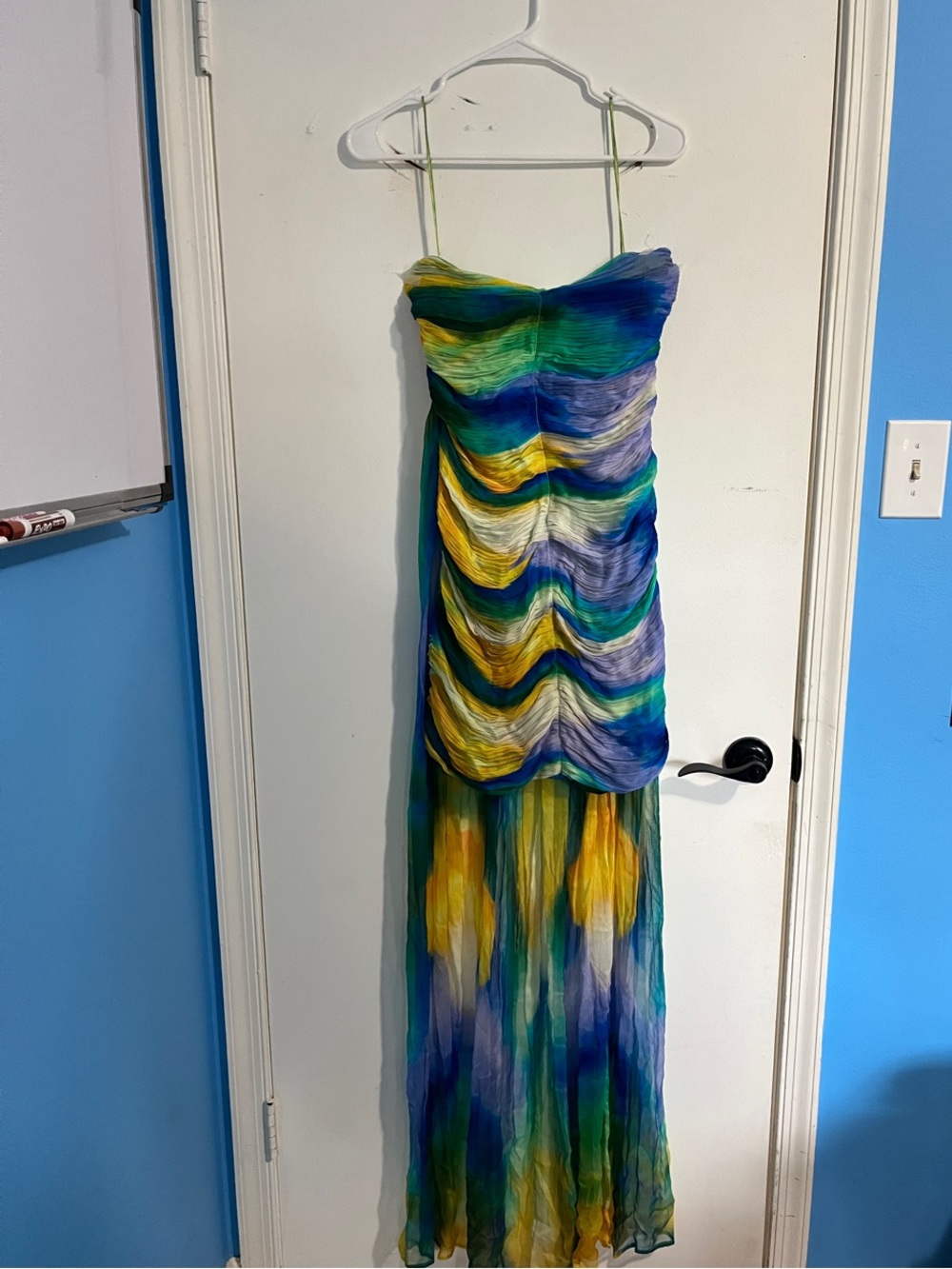 Vineet Bahl Strapless Ombre Dress with Train in Blue, Green & Yellow